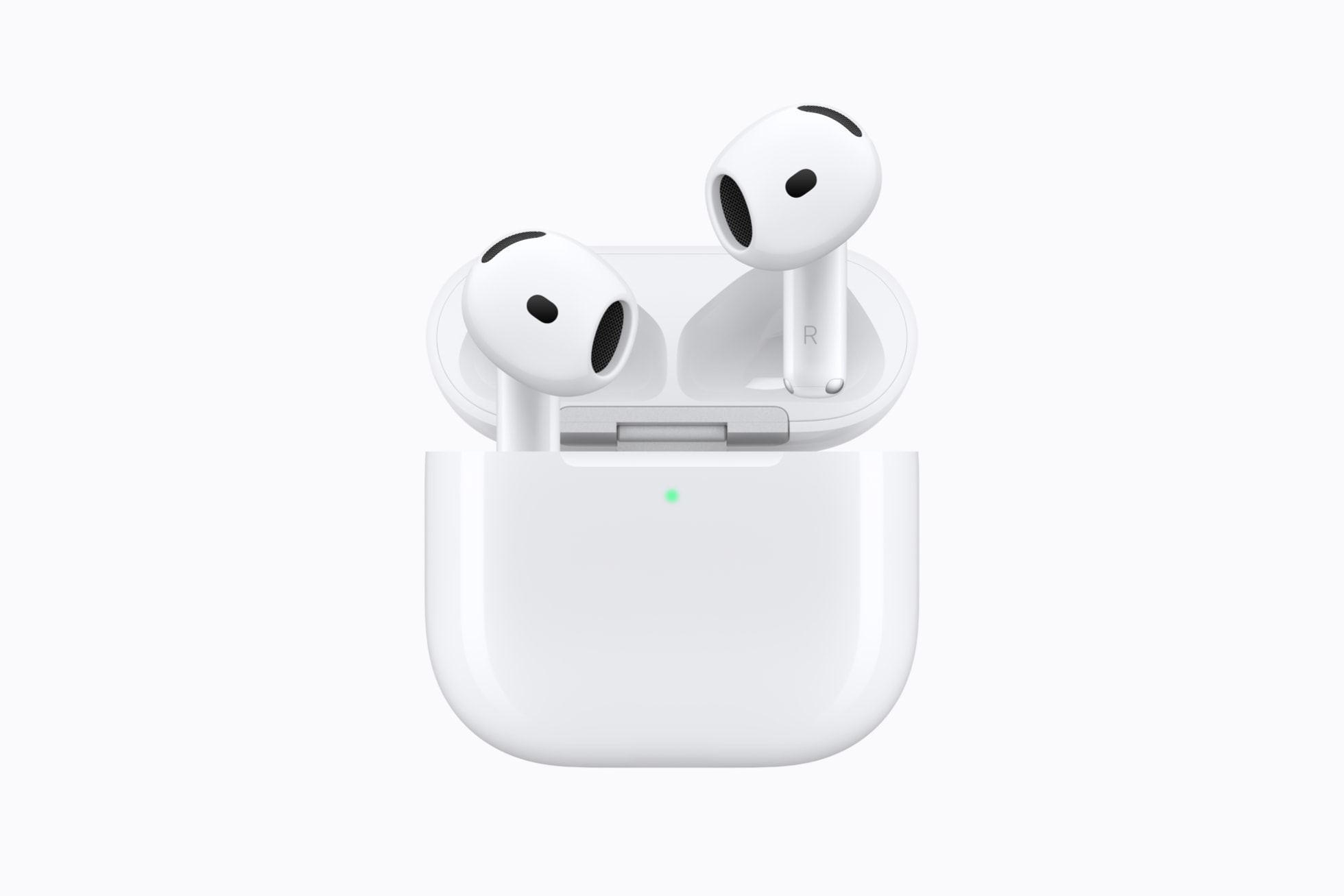 Les AirPods 5 et leur boîtier ouverts, dans le visuel officiel d'Apple.