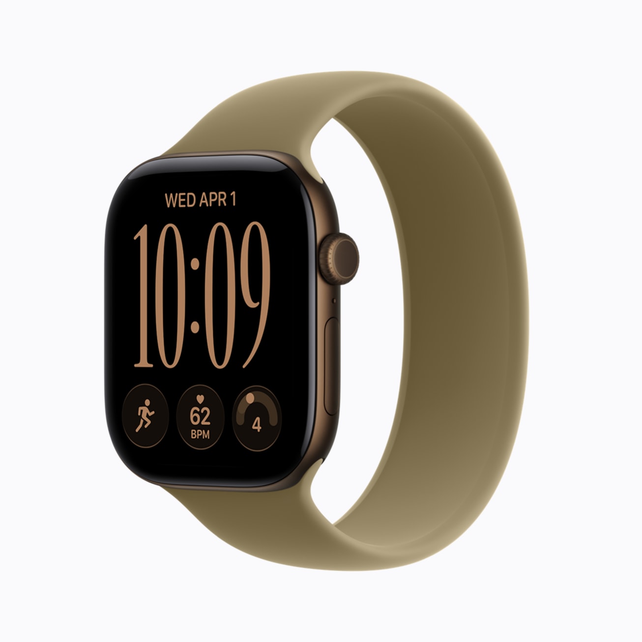 L'Apple Watch Series 12 officielle en aluminium bronze sombre avec son bracelet Sport olive.