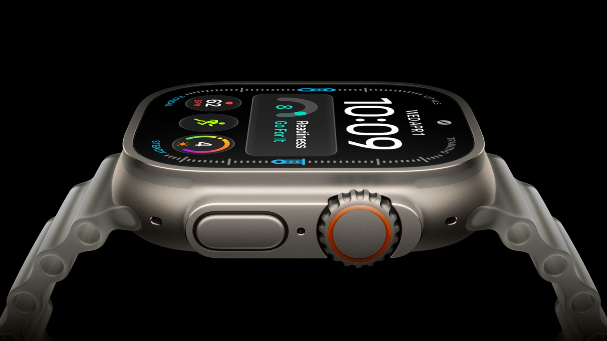 Gros plan officiel sur le boîtier en titane et l'écran de l'Apple Watch Ultra 4.